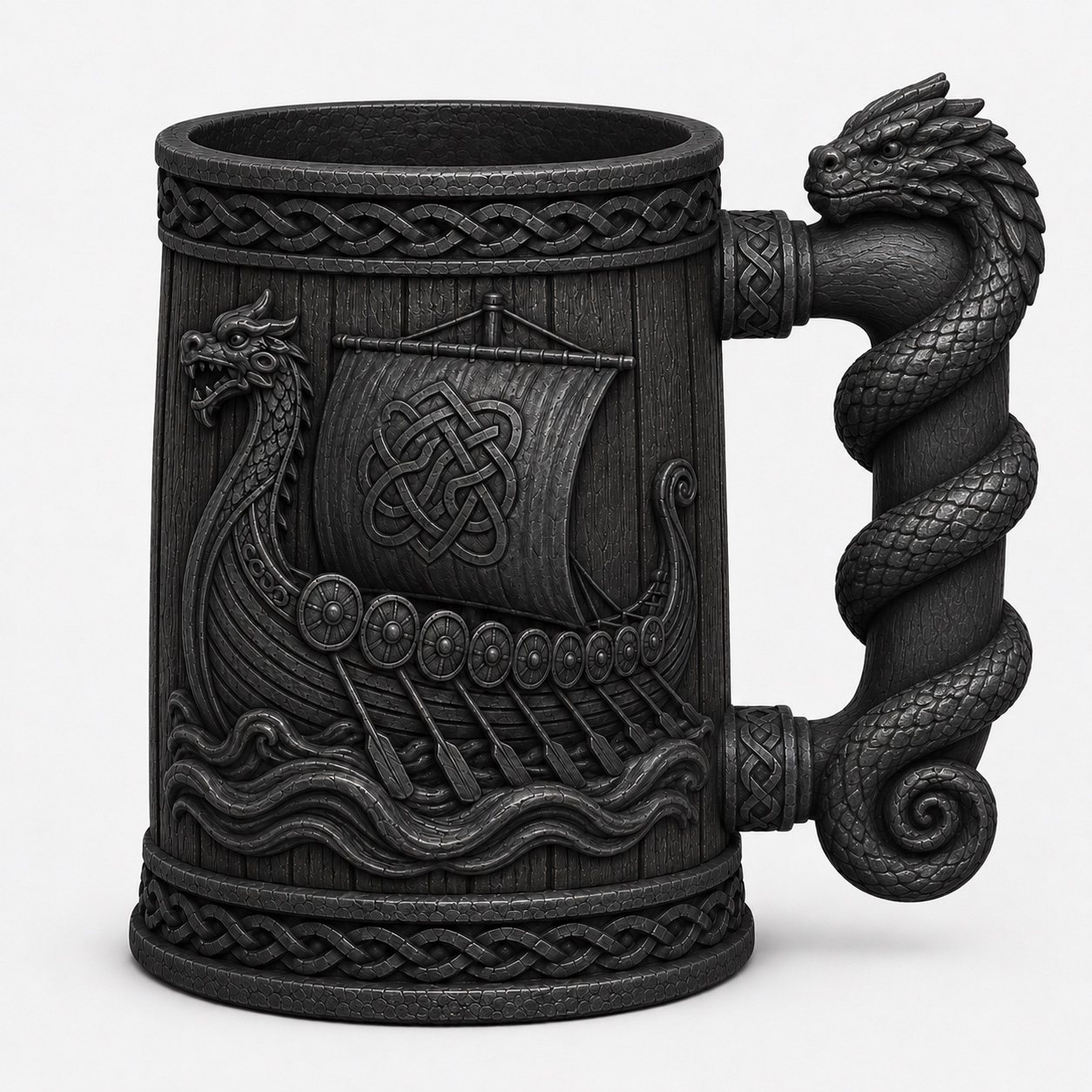 Viking longship tankard with a dragon-shaped handle